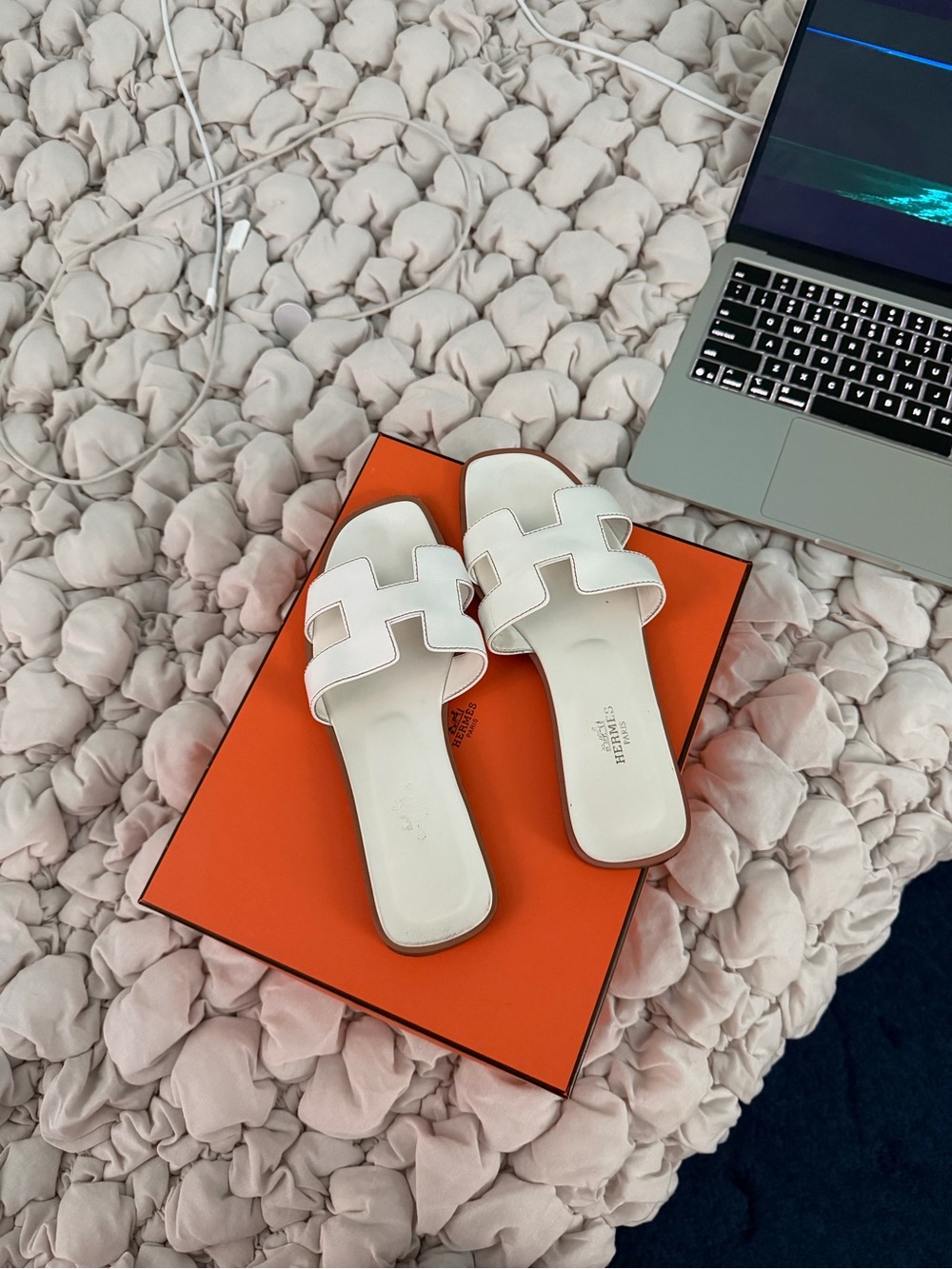 Hermes White Leather Oran Slide Sandals